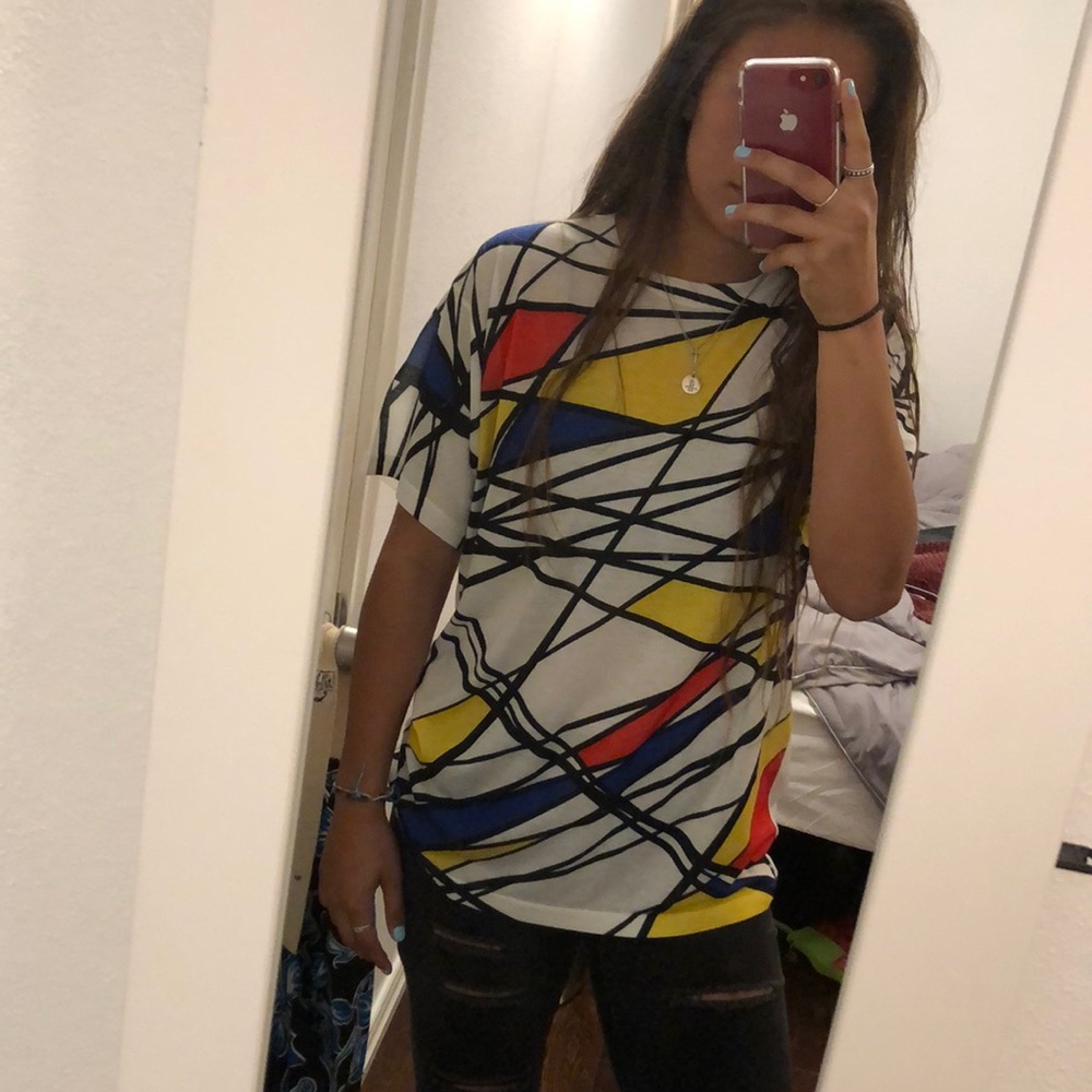white multi-colored shirt